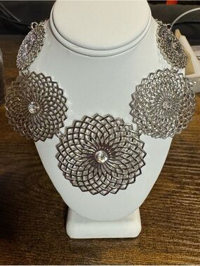 Boho Silver Tone Rhinestone Medallion Necklace 9" adjustable